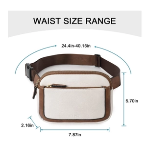 Detailed size chart of the cream and brown faux leather fanny pack with measurements