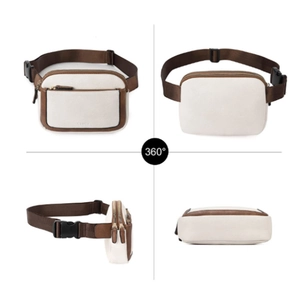 Four-angle view of cream pebble grain leather fanny pack with brown trim and adjustable strap
