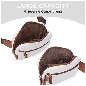 White PU leather waist bag detail featuring 4 separate internal storage compartments