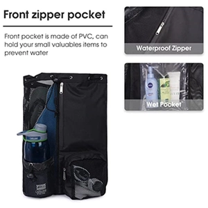 Black mesh drawstring backpack with dry-wet separation and PVC pocket for swimming