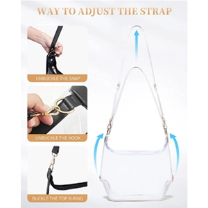 Transparent PVC shoulder bag with adjustable black strap and gold hardware demonstration