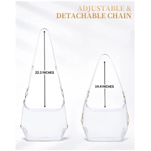 Clear PVC jelly crossbody bag with adjustable and detachable chain strap showing length drop