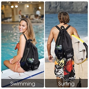 Mesh drawstring swim bag with wet compartment for surfing and gym training