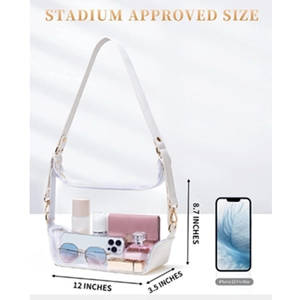 Stadium approved clear PVC tote bag with white trim and crossbody strap 12x8.7x3.5 inch