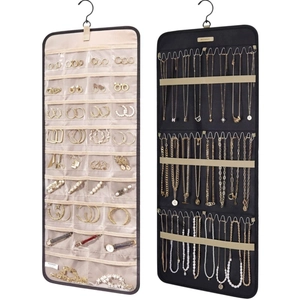 Hanging Jewelry Organizer Double Sided Oxford Cloth Storage Holder With 360 Degree Rotating Hook Clear Pockets For Necklaces