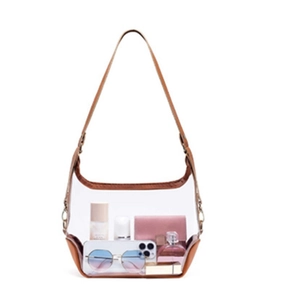 Detail of transparent PVC shoulder bag showing capacity with sunglasses and wallet