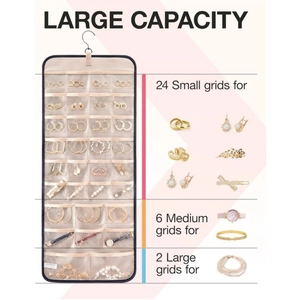 Hanging jewelry organizer with 32 clear pockets and metal hook for storage