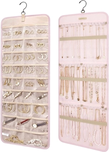 Pink hanging jewelry organizer with transparent PVC pockets and metal necklace hooks