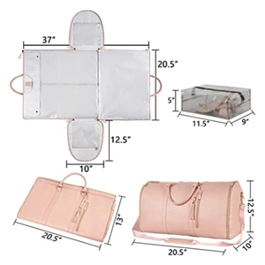 Pink PU leather travel garment bag convertible into a duffel with shoe pouch