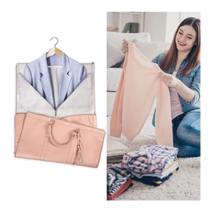 Pink PU leather travel garment bag showing folded handbag and hanging suit carrier function