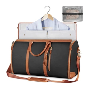 Detail of PU leather travel garment bag with suit storage, hangers, and shoulder strap
