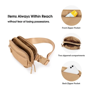 Beige multi-functional sports waist bag featuring triple zip pockets and adjustable strap