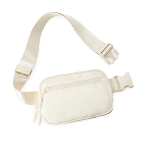 Versatile cream nylon running waist bag with adjustable strap and front zipper pocket