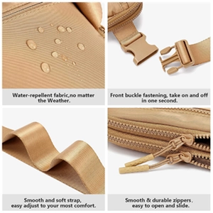 Close-up of water-repellent fabric, smooth zippers, and durable buckle on waist bag