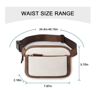 Off-white PU leather waist bag with brown adjustable strap and size dimensions