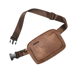 Brown vintage PU leather waist bag with adjustable strap and front zipper on white background
