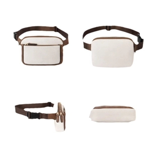 Multi-angle view of a cream PU leather waist bag with brown trim and adjustable strap