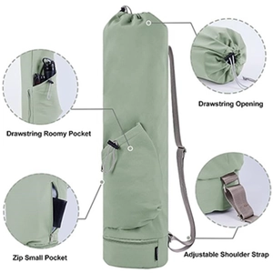 Light green canvas yoga mat bag with water bottle pocket and adjustable shoulder strap