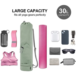 Detailed 30L light green yoga bag showing main compartment and storage for fitness gear