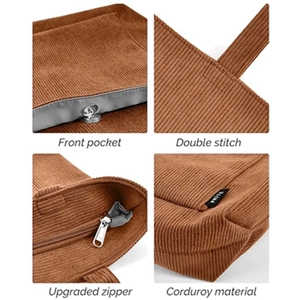 Detailansicht der Cord-Einkaufstasche mit Vordertasche, Metallreißverschluss und verstärkten Nähten