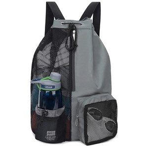 Grey and black mesh drawstring sports backpack with side bottle pocket and front zipper mesh