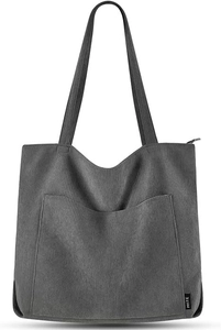 Detail der grauen Cord-Einkaufstasche mit Vordertasche, PRITE-Label und Reißverschluss