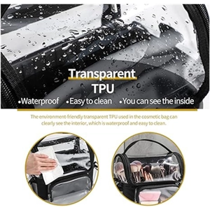 Waterproof transparent TPU makeup bag detail showing dual zipper and water-resistant surface
