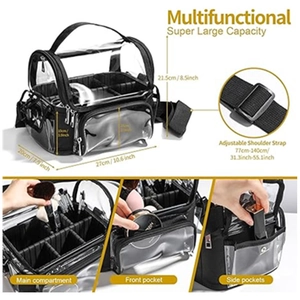 Detailed view of clear PVC makeup bag showing dimensions and adjustable shoulder strap