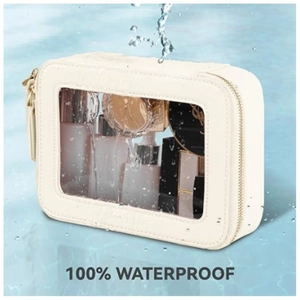 Neceser de viaje transparente impermeable con cremallera dorada y borde de cuero