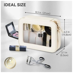 Neceser grande color crema con ventana transparente y cremallera dorada de viaje