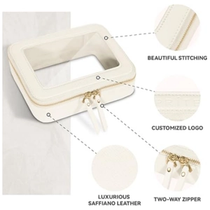 Neceser de cuero Saffiano blanco con ventana transparente y cremalleras doradas