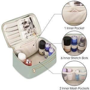 Trousse de maquillage vert menthe avec fermeture éclair dorée et compartiments internes