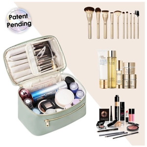Grande trousse de maquillage verte menthe en cuir PU avec fentes pour pinceaux et compartiments