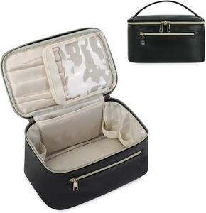 Vue détaillée de la trousse de maquillage noire avec fentes pour pinceaux et zip