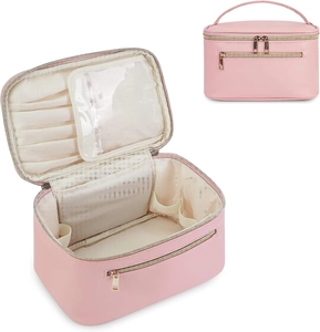 Détails de la trousse de maquillage rose en PU avec compartiments et fentes pour pinceaux