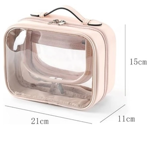 Pink hanging PVC travel toiletry bag with clear window, measuring 21cm x 15cm x 11cm