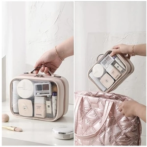 Pink semi-transparent hanging toiletry bag with zipper and portable handle for travel