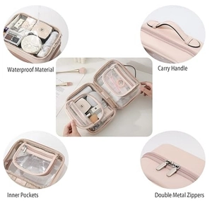 Pink waterproof PVC hanging travel toiletry bag with leather trim and handle for essentials