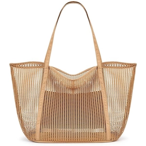 Detail shot of the reinforced stitching and mesh texture of this khaki tote bag