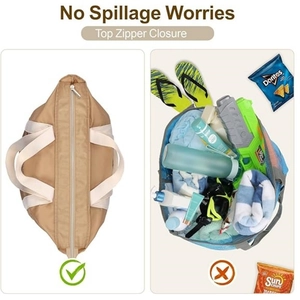Grande borsa da spiaggia color kaki resistente alla sabbia con cerniera e accessori