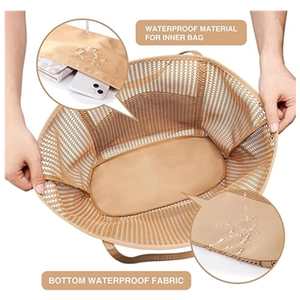 Mesh beach tote bag with waterproof bottom and inner pocket for swim storage