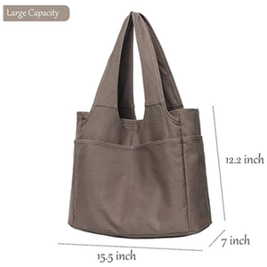 Large capacity canvas tote bag in brown with multiple pockets and size measurements