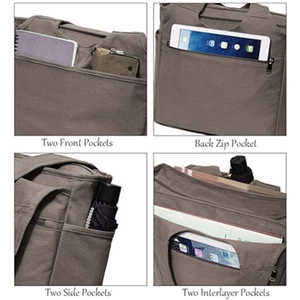 Large brown canvas tote bag with multi-pocket design for laptop, work, and travel utility