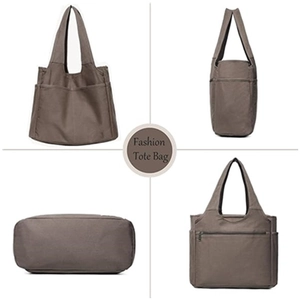 Detailed four-way view showing external pockets and durable zippers of the brown tote bag
