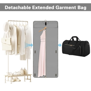 Convertible garment bag showing transition from hanging organizer to travel duffel bag