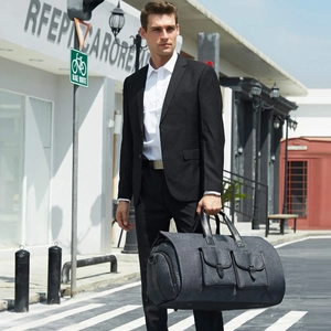 Business casual grey 2-in-1 convertible garment bag with leather handles and laptop compartment