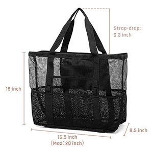 Grand sac de plage en maille noire avec 9 poches pour voyage et sport 16,5x15x8,5 pouces
