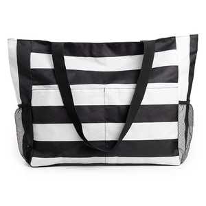 Large Capacity Striped Beach Tote Bag Waterproof Sandproof Polyester Foldable Handbag Multi Pocket Travel Vacation Shopping