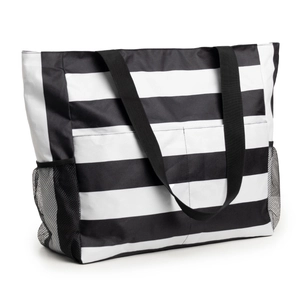 Large striped beach bag with multiple pockets, waterproof foldable tote for travel storage
