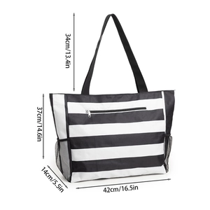 Large striped beach tote bag with mesh pockets and dimensions 16.5x14.6x5.5 inches
